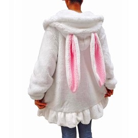 Kawaii Fluffy Foodie Sweatshirt Dress Top For Women Girl,Fuzzy Warm Animal Bunny Or Bear Hoodies With Ears Sweatshirt Jacket Coat (US, Alpha, Medium, Regular, Regular, white bunny&pink ears)