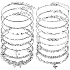 IXNEOP 16 Pcs Gold/Silver Anklet Bracelets for Women Cuban chain Heart-shaped Beads Layered Adjustable Size Beach Daily Party (silver)