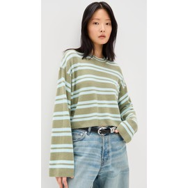 American Vintage Women's Raxow Crew Neck Pullover, Rive Rayures Crystal, Green, Stripe, XS-S