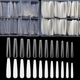 480 puntas de uñas postizas extra largas, semipermanentes, acrílicas francesas, largas, cobertura total, 12 tamaños, para salones de manicura y bricol