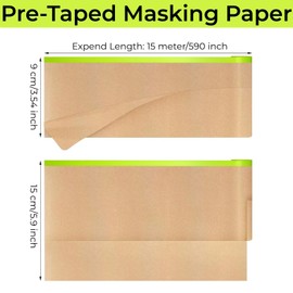 KUANVE 8 Rolls Pre-Taped Masking Paper for Painting, 6 Inch x 50 Feet Tape and Drape Painters Paper, Self-Adhesive Kraft Paper Paint Protective Film for Auto Body, Home Furniture, Wall Covering