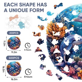Qiuenisray Wooden Puzzles for Adults, Dolphins Jigsaw Puzzles 200 Pieces, FSC Certified Unique Shape Ocean Adult Puzzles, Irregular Wood Creative Gift for Family Game 11.2 x 11.2 in