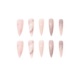 JUSTOTRY Pack of 24 Marble Stiletto Nails for Sticking, Long, Rose Gold French Artificial Nails, Pointed Almond Artificial Nails, Press On Nails, Pretty Fingernails, Fake Nails for Women