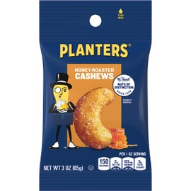 PLANTERS Deluxe Honey Roasted Whole Cashews, Sweet and Salty Snacks, Plant-Based Protein, 3 Oz Bag (Pack of 12)