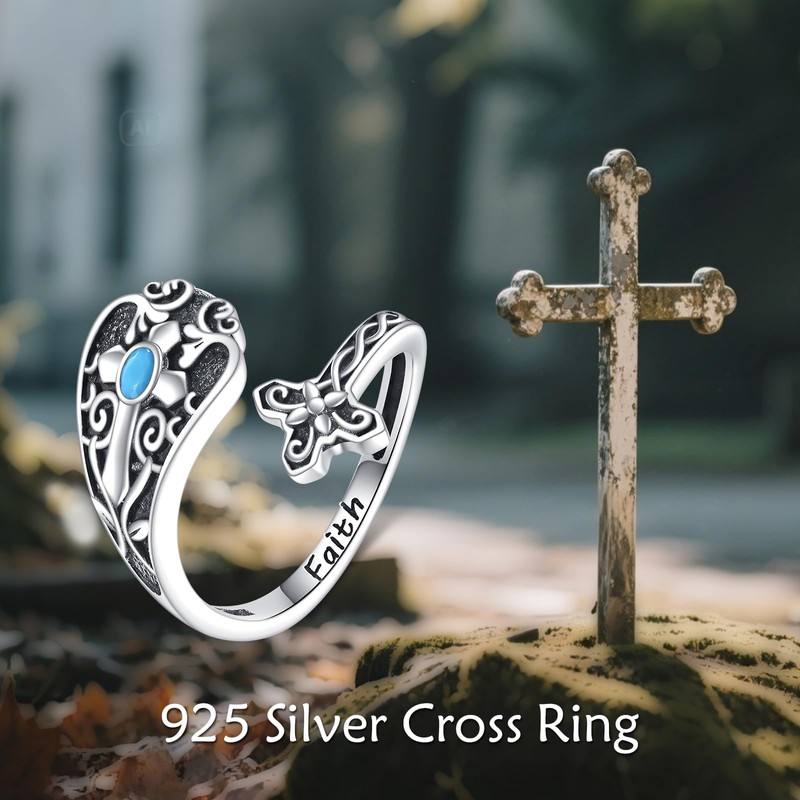 ONEFINITY Cross Spoon Ring 925 Sterling Silver Turquoise Cross Adjustable
