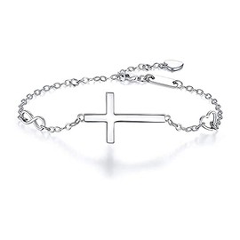 Becky & Jack White Gold Plated 925 Sterling Silver Sideways Horizontal Cross Charm Bracelet for Women Infinity Bracelet Heart Bracelet