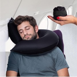 CANDY CANE Travel Pillow Inflatable Innovative Design Neck and Chin Support for Airplanes, Car and Home, Carry Bag, Hand Wash (Black)