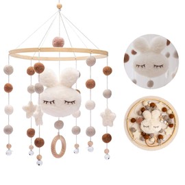 Promise Babe Wooden Baby Mobile with Felt Balls, Nursery Hanging Bed Bell, Rabbit Mobile, Wind Chime for Baby Bed, Cot