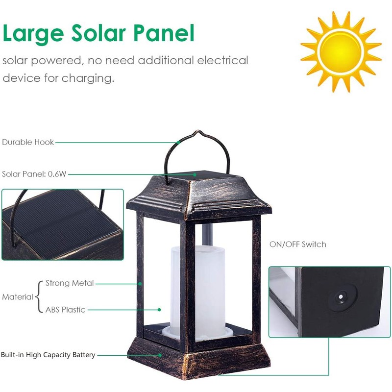 TomCare Flickering Flame Solar Lights Outdoor Metal Hanging Lantern, 2