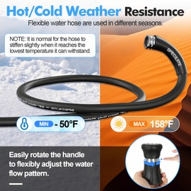 SPECILITE Hot/Cold Water Hose 25ft x 5/8" with High Flow Nozzle,Heavy Duty Black Garden Hose -50℉ to 158℉,Flexible & Lightweight Rubber Hoses With 3/4"Stainless Steel Fittings for Yard,Outdoor,Farm
