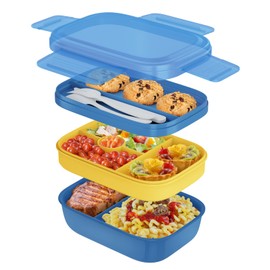 Bento Box Adult Lunch Box, Stackable Lunch Box Containers for Adults Kids, Salad Bowls, 3-Layer 1.9L Food Containers with 3 Cutlery, for Work School Picnic, 8.5"×5.7"×3.9"(Blue)