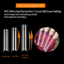 HARMANNY Clear Acrylic Square Nail Tips 500PCS, No C Curve XXL Nail Tips, Tapered Square Long Nail Tips for Acrylic Nails Professional, Half Cover False Nails for Salons and DIY French ABS Nail Tips