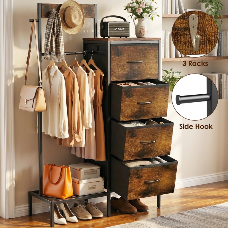 Lewondr Dresser with Hanging Rack and Storage Drawers, Brown Wood