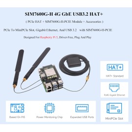PCIe to MiniPCIe/Gigabit Ethernet/USB 3.2 Gen1 HAT for Raspberry Pi 5, HAT+ Standard, Support Global Band 4G/3G/2G and GNSS Positioning, Support Multi-System, Comes with SIM7600G-H-PCIE 4G Module