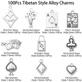 Ornazy 100 pcs 10 Styles Tibetan Poker Charms Antique Silver Heart Rectangle Pendants Vintage Playing Card Charms for Jewellery Making