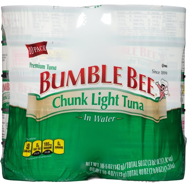 BUMBLE BEE Chunk Light Tuna in Water, Canned Tuna Fish, High Protein Food, 5 Ounce Can (Pack of 10)