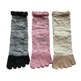 Women's 5 Toe Socks, Anti-Slip, Mesh, Cute, 5 Toe Socks, Non-slip, Top Thread, 100% Cotton, Loose Mouth, 3 Pairs Set (Choose Color), Pink, Gray, Black, Beige, Purple