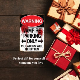 Funny No Parking Sign, Metal Warning Tin Signs, Vampire Parking Only, Violators Will be Bitten, Yard Sign Garage Farm Garden Wall Decor Sign Plaque Outdoor for Home Fence 8 X 12 Inches
