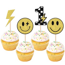 24 piezas de decoración para cupcakes de One Happy Dude con purpurina, cara de sonrisa preparada para el primer cumpleaños, decoraciones para tartas de primer cumpleaños, para baby shower, un tipo de