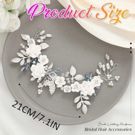 Unicra Flower Silver Bride Wedding Hair Pelo de vid Perla de novia, accesorios para el cabello con diamantes de imitación azules, diadema de hojas para mujeres y niñas (plata), 1 Count (Pack of 1),