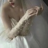 Resweky Langes Hochzeitskleid Bankett Handschuhe Pearl Tüll Handgemachte Abendhandschuhe für