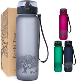 Bodhi Tree Water Bottle 1L, Hygienic Lid with Safety Clip, Lightweight Durable Sports Bottle, 1-Click Opening, Environmentally Friendly, Tasteless, Ideal for Outdoor, Grey