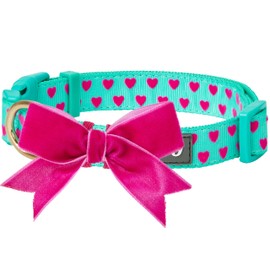 Blueberry Pet 4 Patterns Adjustable Flocking Dog Collar with Detachable Velvety Bowtie - Heart in Minty Green, Medium, Neck 14.5"-20"