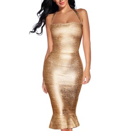 Women's Halter Bandage Dress Sexy Fishtail Bodycon Party Club Shapewear Beach Summer Wedding Guest Dress (Gold, L)
