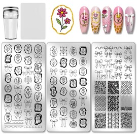 PH PandaHall 3pcs Bows Nail Stamping Plates Bowknot Flower Nail Art Plates Rose Daisy Plants Nails Image Plates Geometric Frames Manicure Art Templates for Women DIY Print Manicures Salon Design