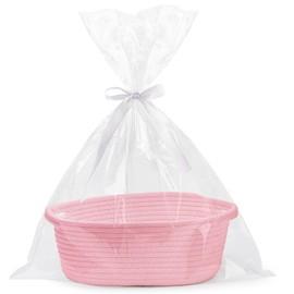 WADY Gift Basket Empty with Handles, Small Cute Woven Rope Basket for Baby Nursery, Kids Toys Storage - Includes Gift Bag & Ribbon, Perfect for Wedding, Birthday, Baby Shower Gifting Ideas (Pink)