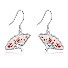 Fan Earrings Sterling Silver Fan Pressed Flower Drop Dangle Earrings Floral Jewellery Gifts for Women