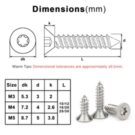 Drenky Pack of 100 M5 x 16 Torx Screws 304 Stainless Steel Sheet Metal Screws Flat Head Screws DIY Woodworking Screws Stainless Steel 304 Full Thread Woodworking Fixing
