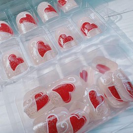 Heart Press on Nails Short Square Fake Nails French Tip Press on Nails Silver Glitter Glue on Nails with Red Heart Design Valentine's Day Romantic Holiday Nail Decor Cute Stick on Nails for Women