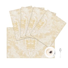 Loom and Mill Luxury Damask Placemats Set of 4, Elegant Jacquard Non-Slip Table Place Mats Durable & Washable Dining Table Mats for Home Kitchen Party Banquet Holiday Decor(Champagne Gold, 12x18in)