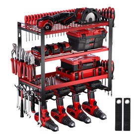 Power Tool Organizer, 4 Layer Drill Holder Wall Mount, Heavy Duty Metal Tool Shelf, Garage Tool Organizers and Storage Rack,Utility Storage Rack for Cordless Drill Charging Station-Red