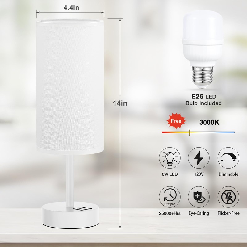 White Touch Bedside Lamp for Bedroom - 3 Way Dimmable