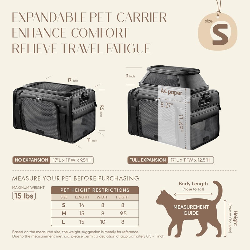 Top-Expandable Pet Carrier with Treat Pet Window,17x11x9.5 Airline Approved