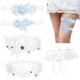 5 Pcs Garter Wedding, Elegant Wedding Garters for Bride, Blue White Lace Garter Bridal Garter with Faux Pearls Elastic Thigh Garter Floral Garter Band Bride Leg Garter Belts for Women