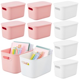 Hoolerry 8 Pieces Colorful Storage Bins with Lid, Plastic Storage Basket Organizing Container Stackable Box with Handle for Shelves Desktop Playroom Office(14.2 x 10.2 x 9.5 Inch,White and Pink)
