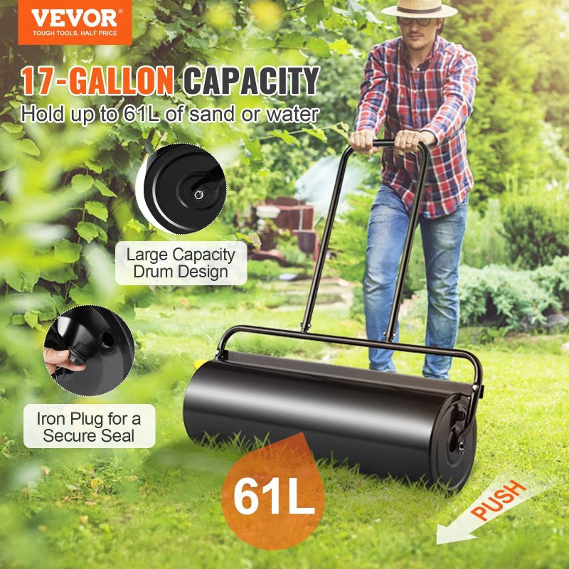 17-Gallon Sand/Water Filled Steel Sod Roller Easy-turn Plug U-Shaped Ergonomic