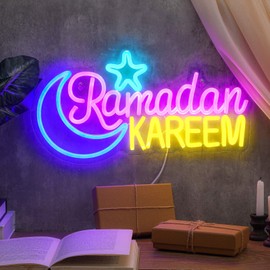 Glooglitter Large Ramadan Mubarak Neon Sign 17.7 x 7.5 Inch LED Wall Art Eid Mubarak Sign Moon Star Neon Light Decor for Home Islamic Holiday Gift Decoration Eid Al Fitr Party Supply(Ramadan Kareem)