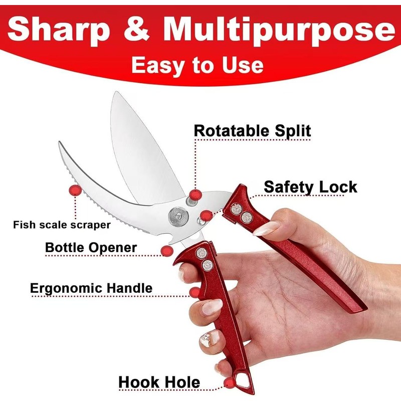 Heavy Duty Poultry & Meat Kitchen Shears (Burgundy) - Food-Grade