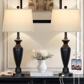 Cinyirong 30" Tall Table Lamps Set of 2, Touch Control Bedside Lamp with USB A+C Ports and AC Outlet, 3-Way Dimmable Modern Metal Nightstand Lamp for Bedroom Living Room, 2 LED Bulbs Included, Black