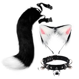 QinRuan Cosplay Costume 3-Pieces Set,Cat Ears and Leather Bell Collar Faux Fur Animal Tail