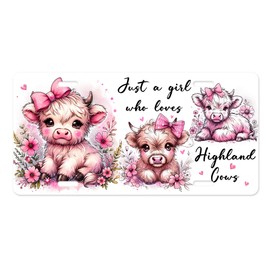 Highland Cow Vanity Decorative Aluminum Front License Plate, Car Accessory, Vanity Tag (Pink Girl Loves Highland Cows)