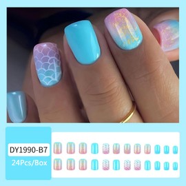 24 Pcs Summer Press on Nails Short Square Fake Nails Golden Glitter with Gradient Fish Scale Design Full Cover Artificial Nails Glossy False Nails Stick on Nails for Women Nail Art Manicure