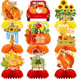 Fall Table Decorations - 9Pcs Fall Honeycomb Centerpieces for Tables with Pumpkins, Sunflowers, Scarecrow, Squirrel for Thanksgiving Dinner, Autumn Harvest Festival, Rustic Fall Party Decorations