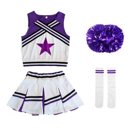 LOLANTA Cheerleader Outfit for Girls, Cheer Dance Halloween Cosplay Kids Costume, Christmas Party Support, Cultural Festival, School Festival, Pom Poms, Socks, Purple, 160