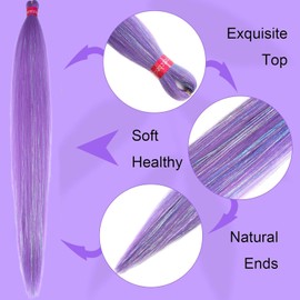 Upgraded Purple Braiding Hair Extension Mix Tinsel, Pre Stretched Braiding Hair for Braiding Twist Braids Itch Free Hot Water Setting Yaki Straight Synthetic Hair