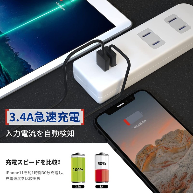 Extension Cord with USB Outlet, Rapid Charging, Power Strip, Stylish,